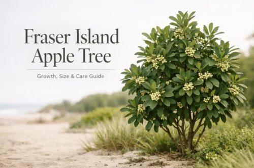 Fraser Island apple tree banner showing coastal tree with headline and growth care guide information