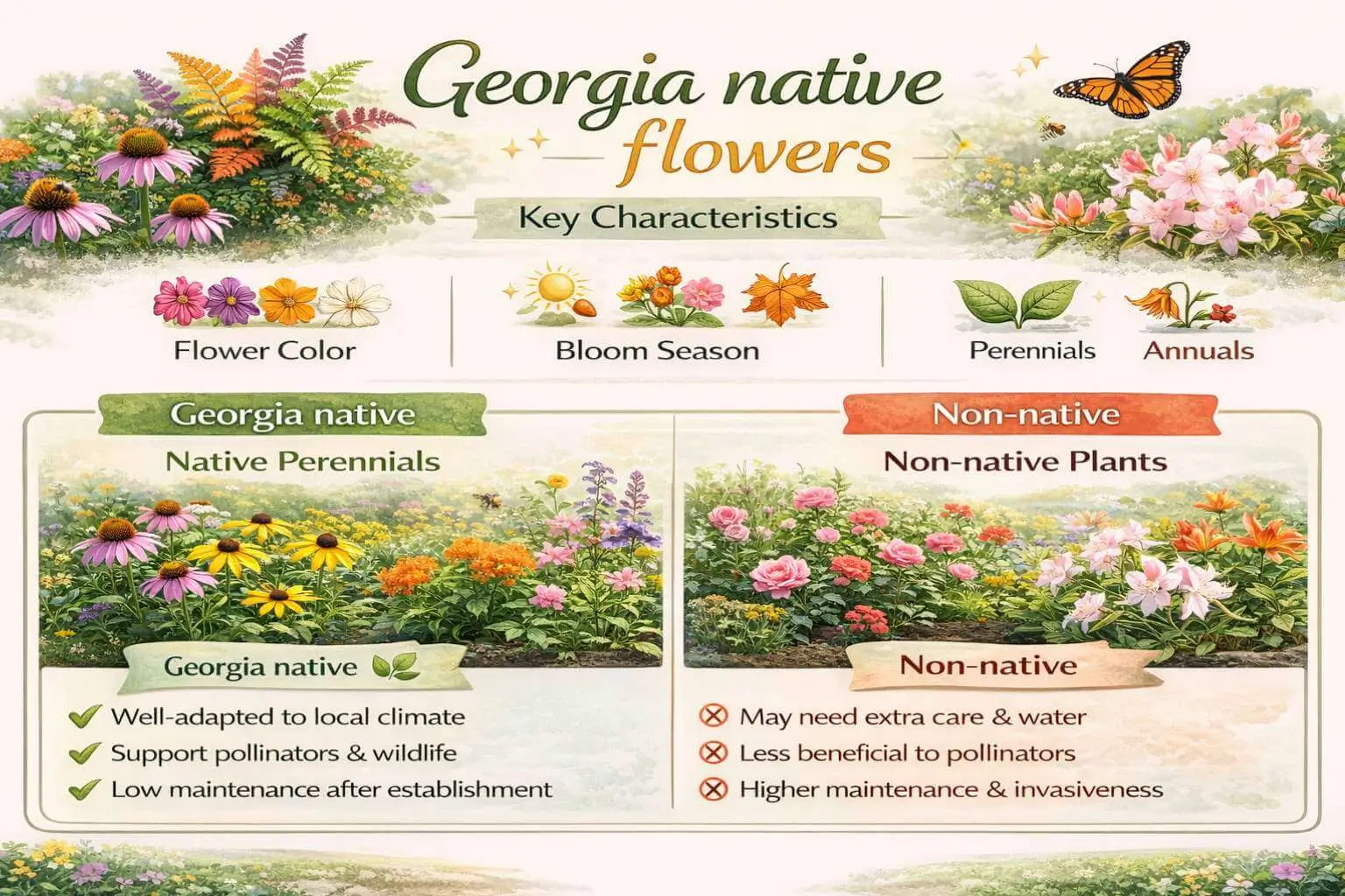 Infographic highlighting Georgia native flowers identification, bloom season, and growth habits