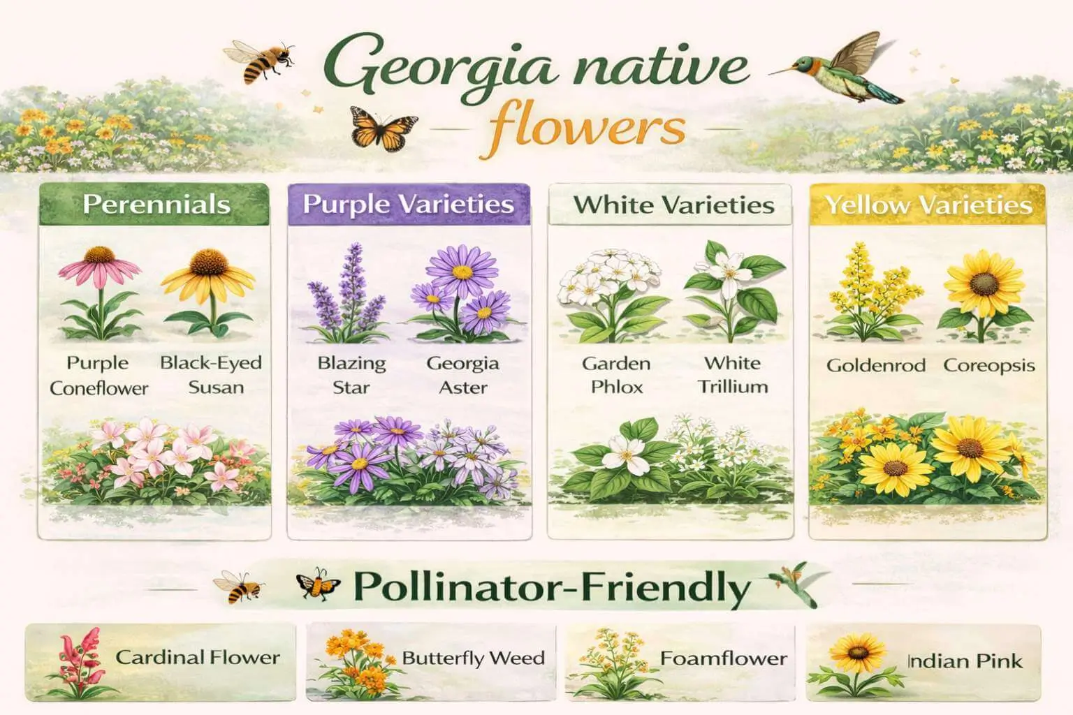 Types of Georgia native flowers including perennials, color-specific, and pollinator-friendly plants