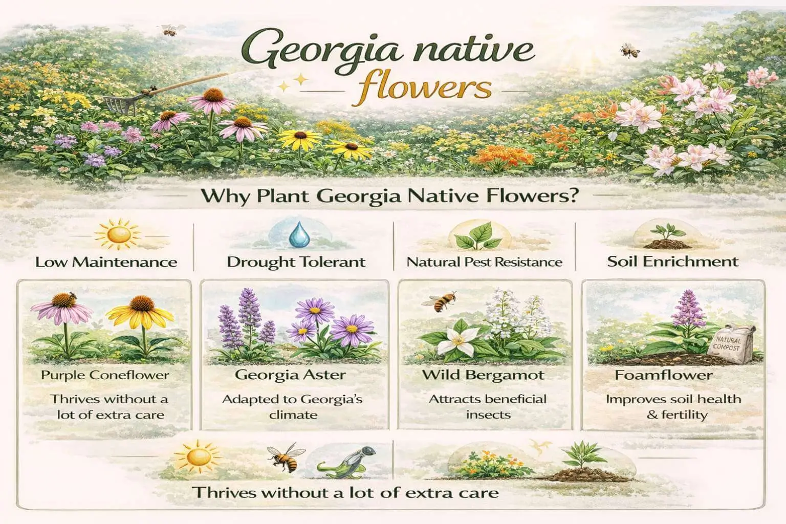 Benefits of Georgia native flowers for landscaping including low maintenance, drought tolerance, and soil enrichment