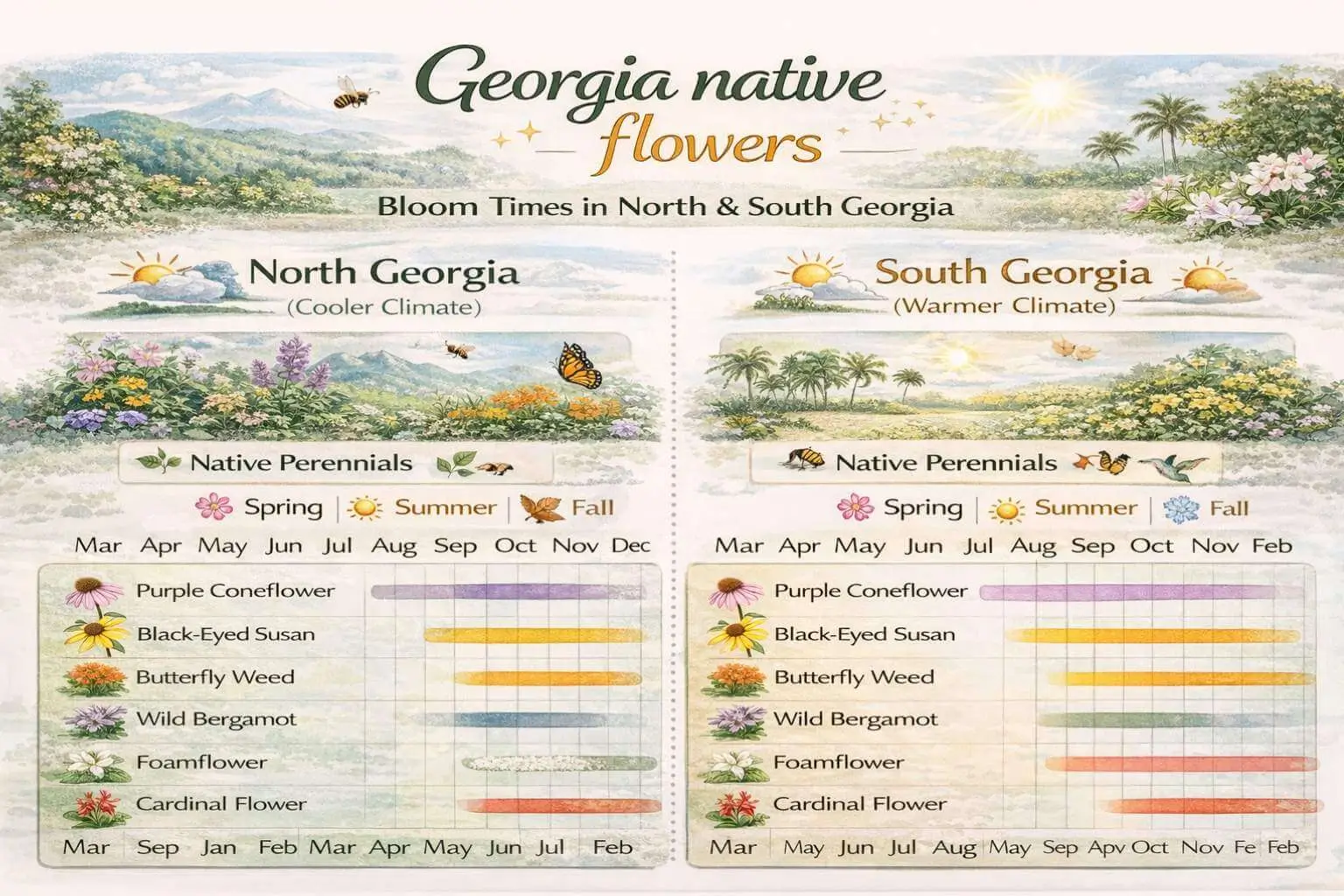 Seasonal and regional flowering chart of Georgia native flowers showing North and South Georgia bloom times