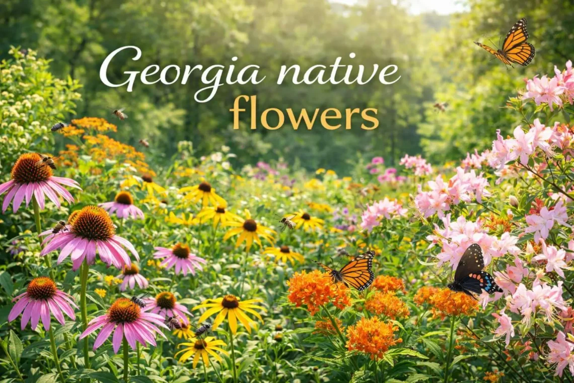 Banner featuring Georgia native flowers in bloom with pollinators and regional diversity