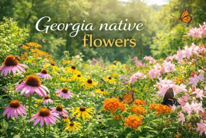 Banner featuring Georgia native flowers in bloom with pollinators and regional diversity