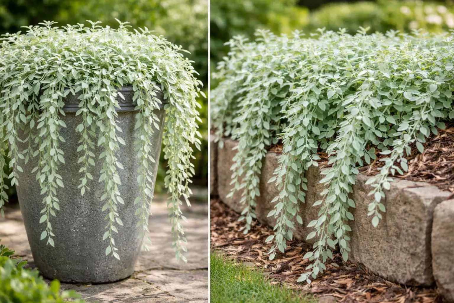 Helichrysum Limelight plant size, trailing growth habit, and silvery foliage in container and garden edge
