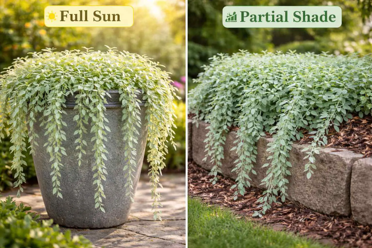 Helichrysum Limelight foliage color difference in full sun versus partial shade