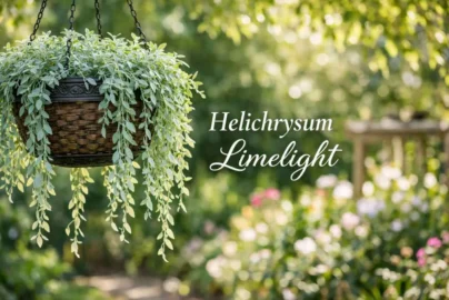 Helichrysum Limelight trailing plant in hanging basket with silvery-green foliage in a sunlit garden