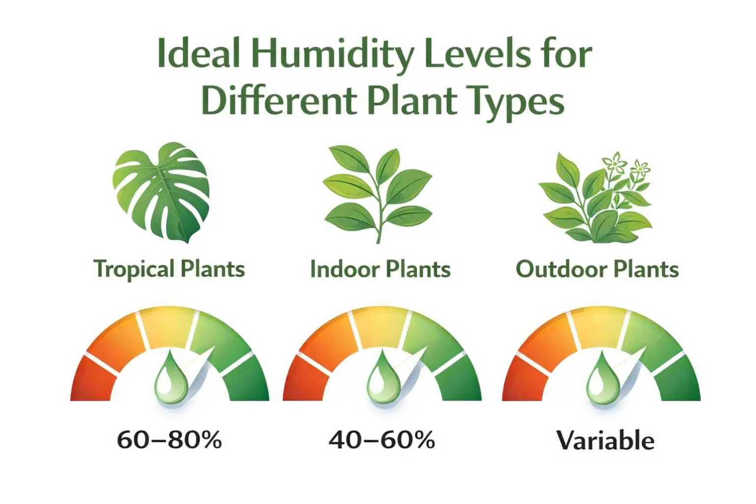  Infographic showing ideal humidity ranges for tropical, indoor, and outdoor plants.
