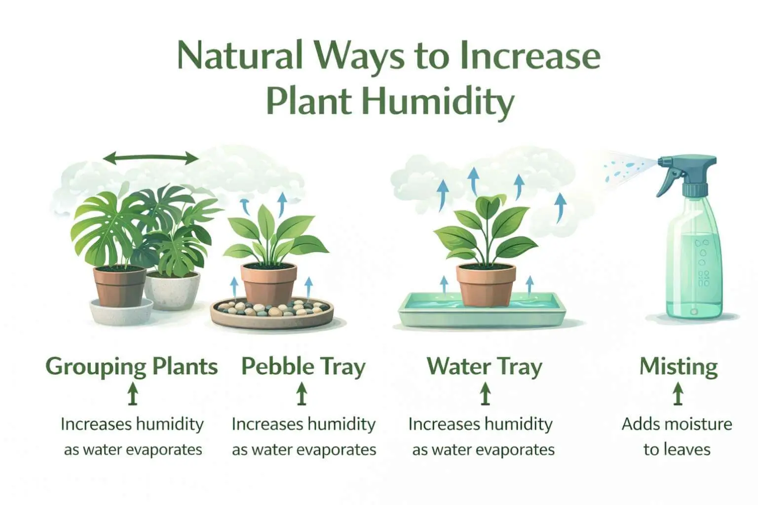  Infographic showing natural methods to increase humidity for indoor and tropical plants: grouping, pebble trays, and misting.
