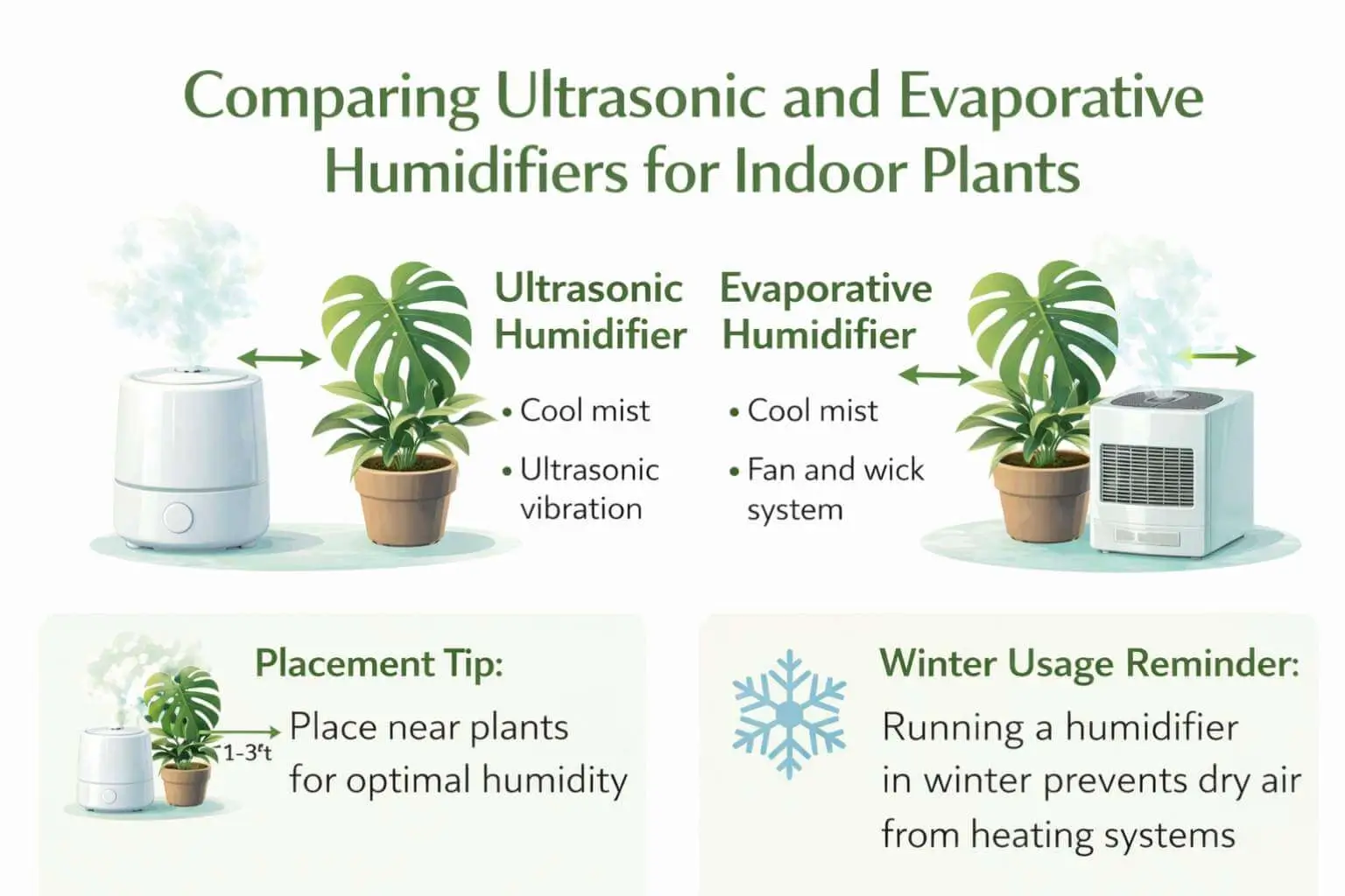  Infographic comparing ultrasonic and evaporative humidifiers with placement tips for indoor plants.
