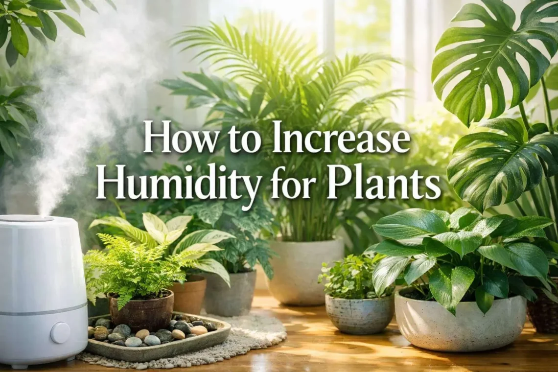 Banner showing indoor and tropical plants with humidifier and natural humidity methods, labeled “How to Increase Humidity for Plants.