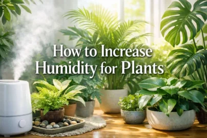 Banner showing indoor and tropical plants with humidifier and natural humidity methods, labeled “How to Increase Humidity for Plants.