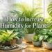 Banner showing indoor and tropical plants with humidifier and natural humidity methods, labeled “How to Increase Humidity for Plants.