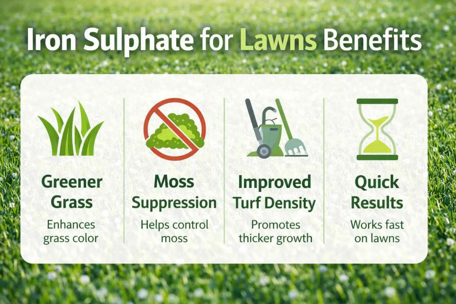 Iron sulphate for lawns benefits including greener grass, moss control, and denser turf