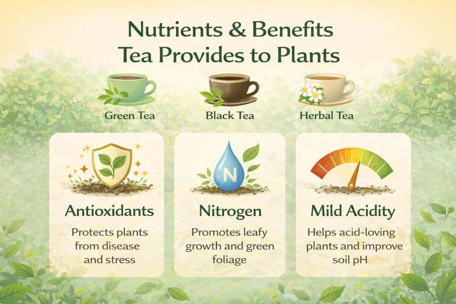 Nutrients and benefits of green, black, and herbal tea for plant growth.