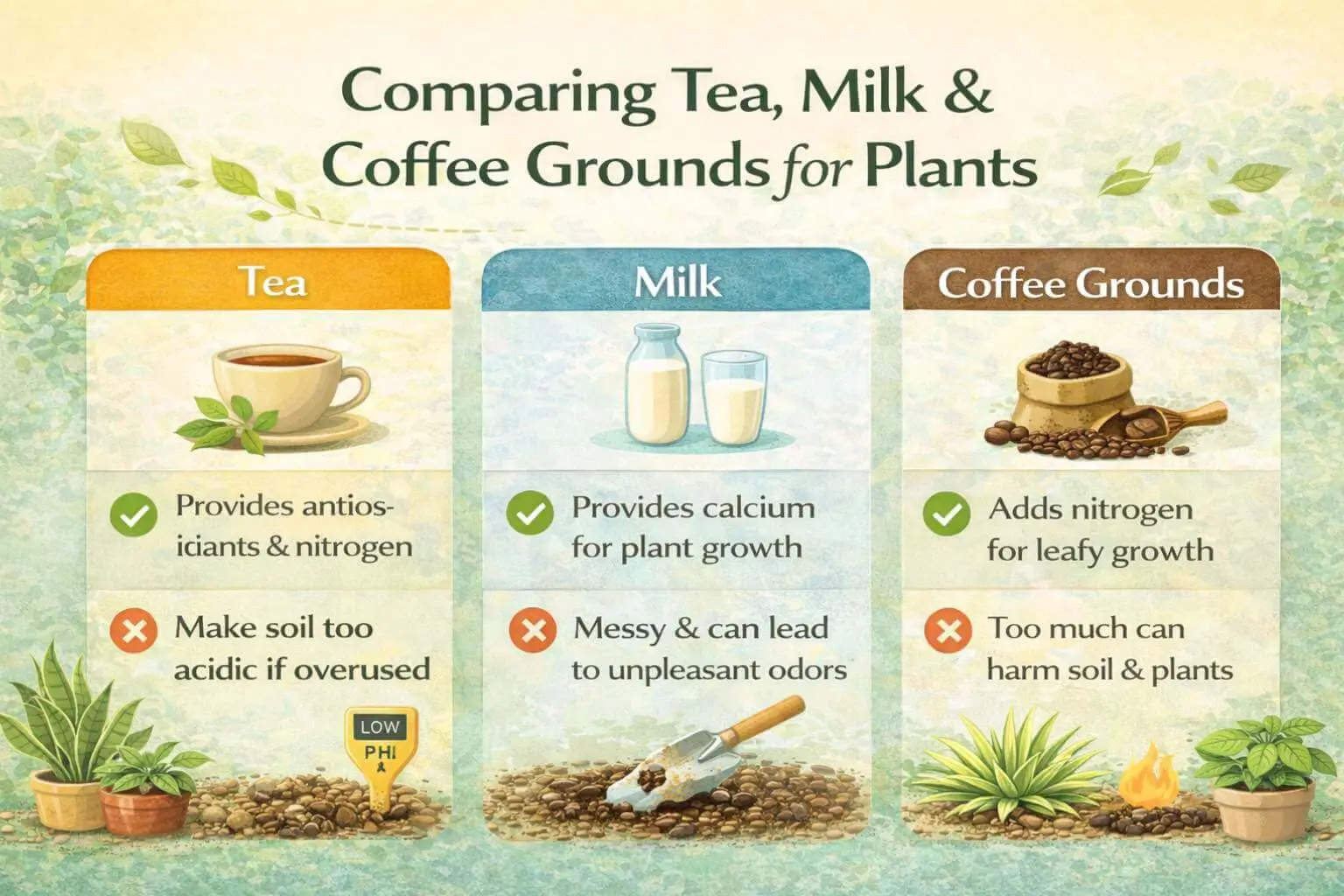 Comparison of tea, milk, and coffee grounds as plant supplements for soil and growth benefits.