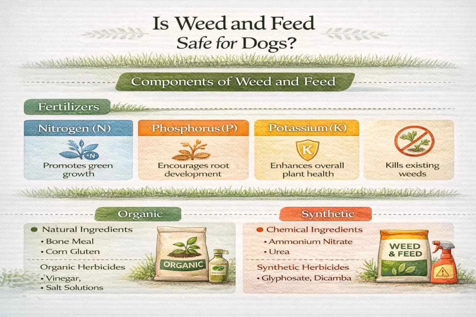 Infographic showing components of weed and feed and their safety for dogs, highlighting organic and synthetic differences.