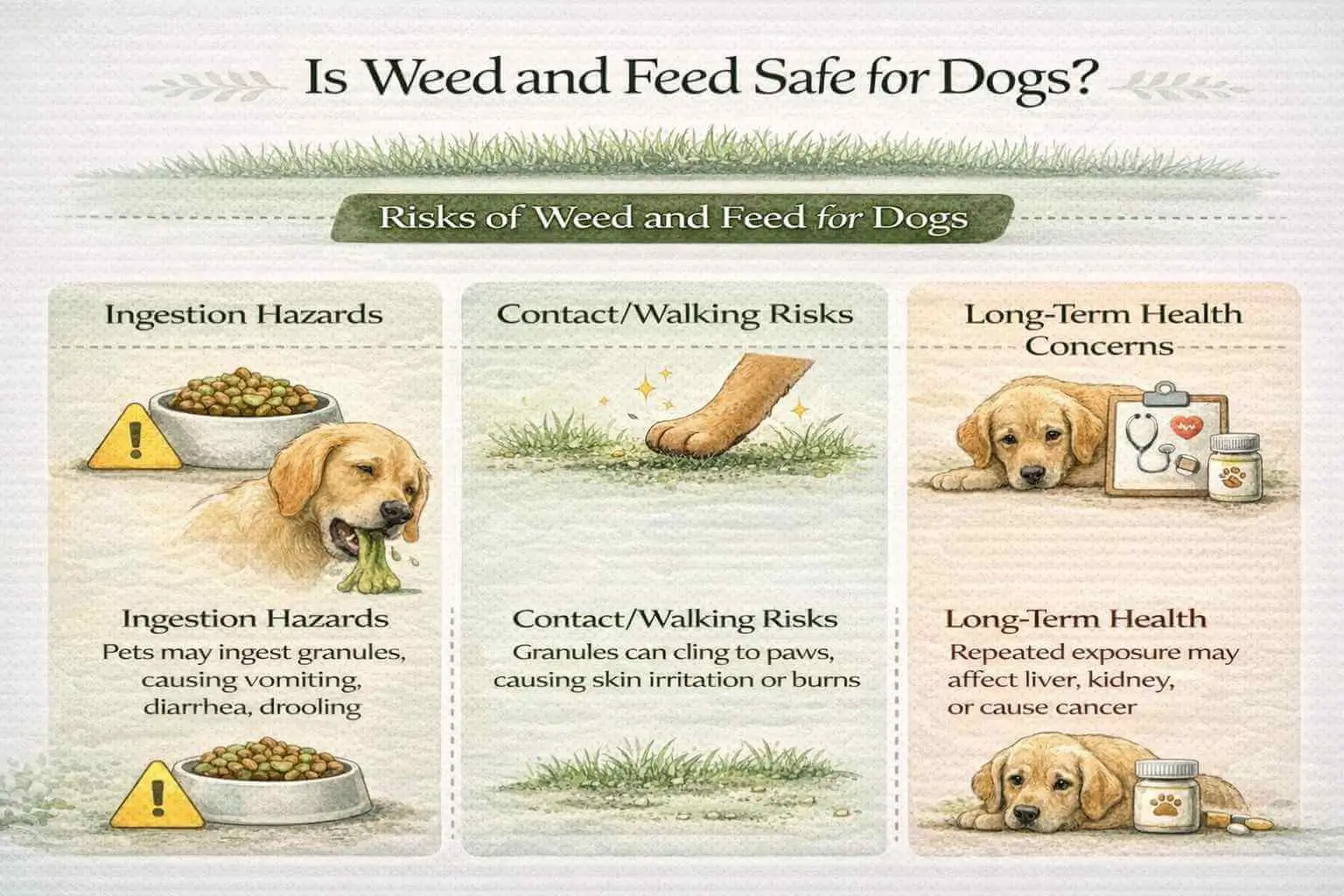 Infographic highlighting ingestion, contact, and long-term risks of weed and feed for dogs.