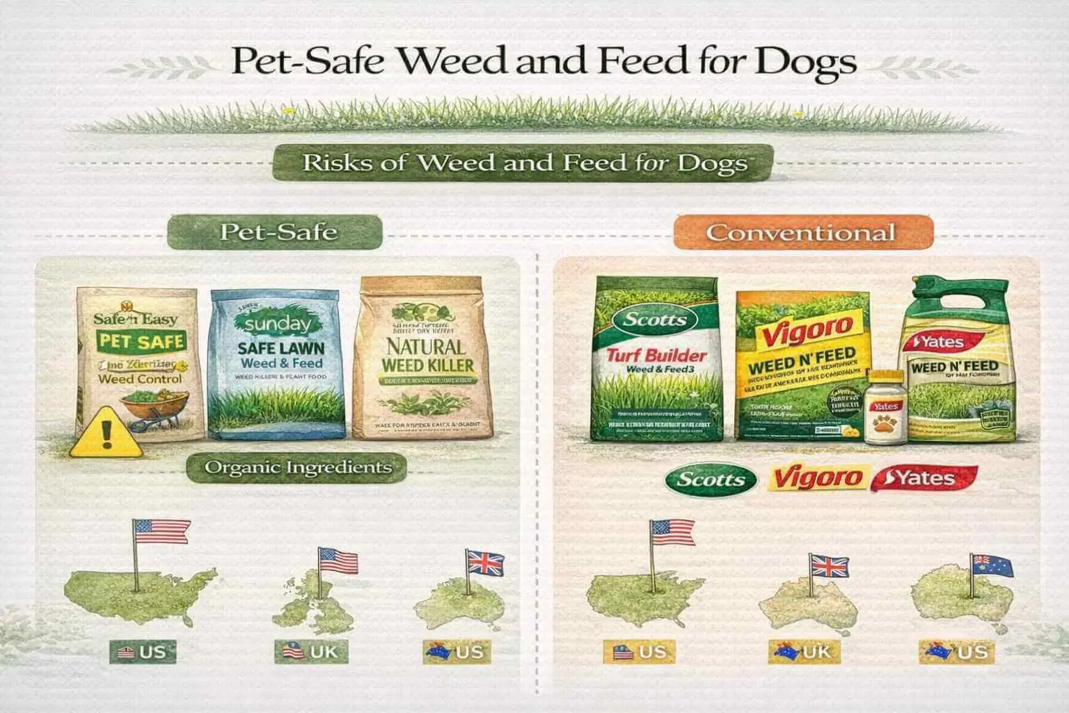 Infographic showing pet-safe weed and feed options for dogs, with organic products and regional availability.