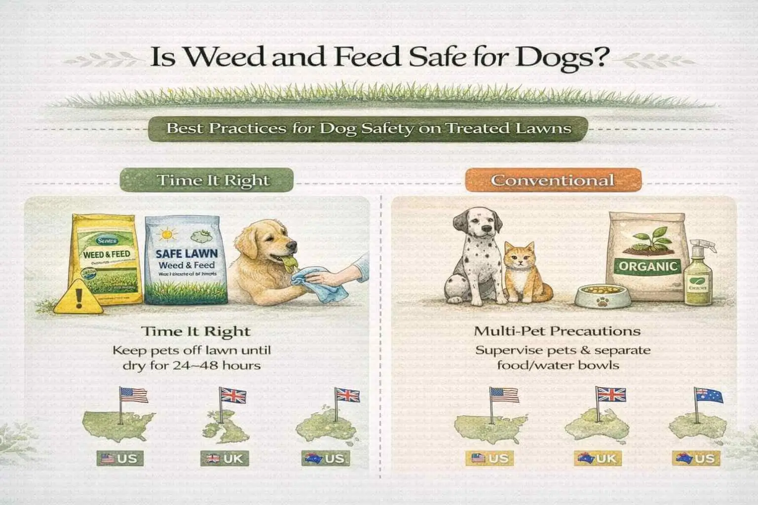 Infographic illustrating best practices and organic alternatives to keep dogs safe from weed and feed.