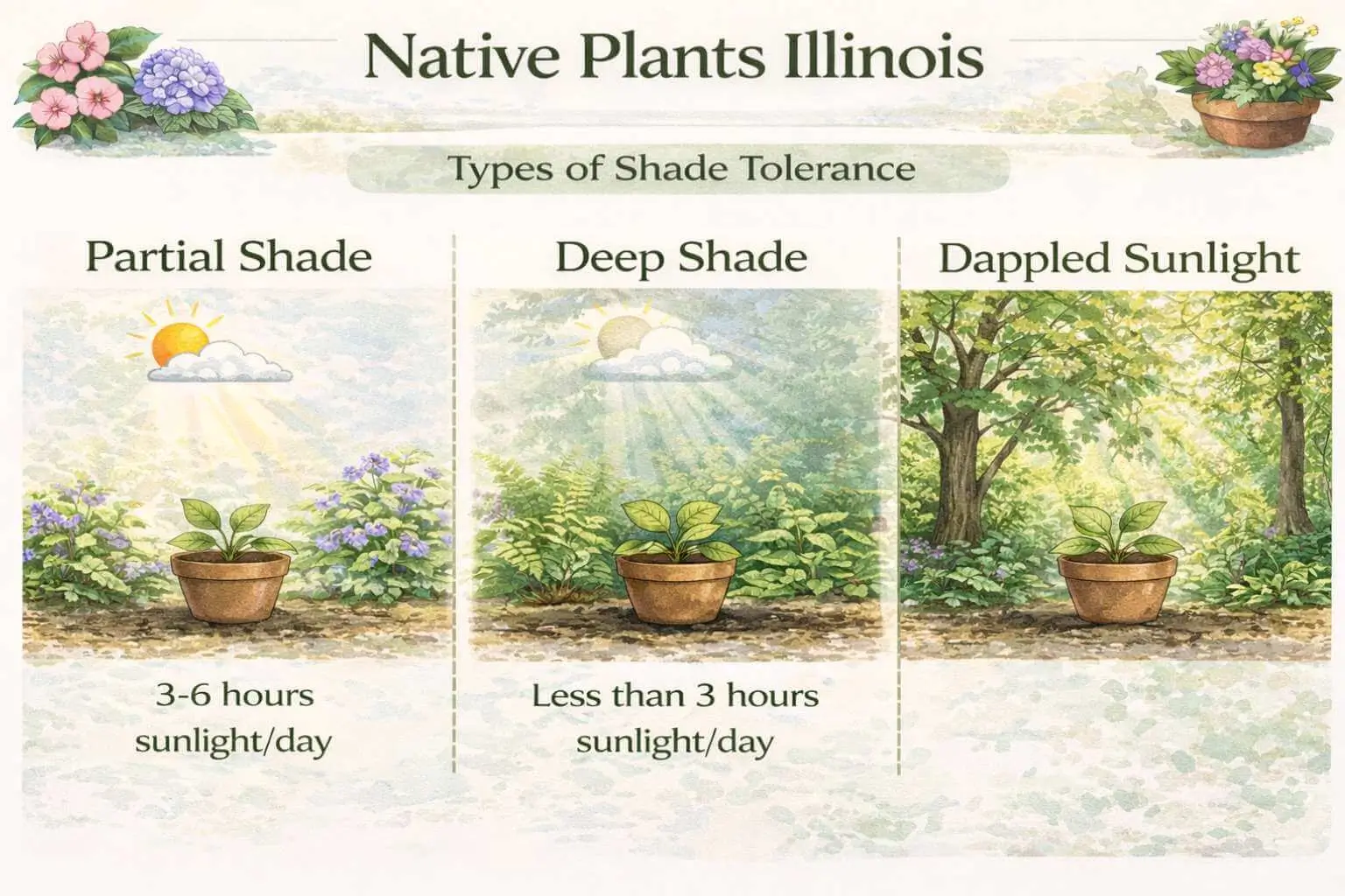 Native Plants Illinois infographic showing partial, deep, and dappled shade tolerance types.