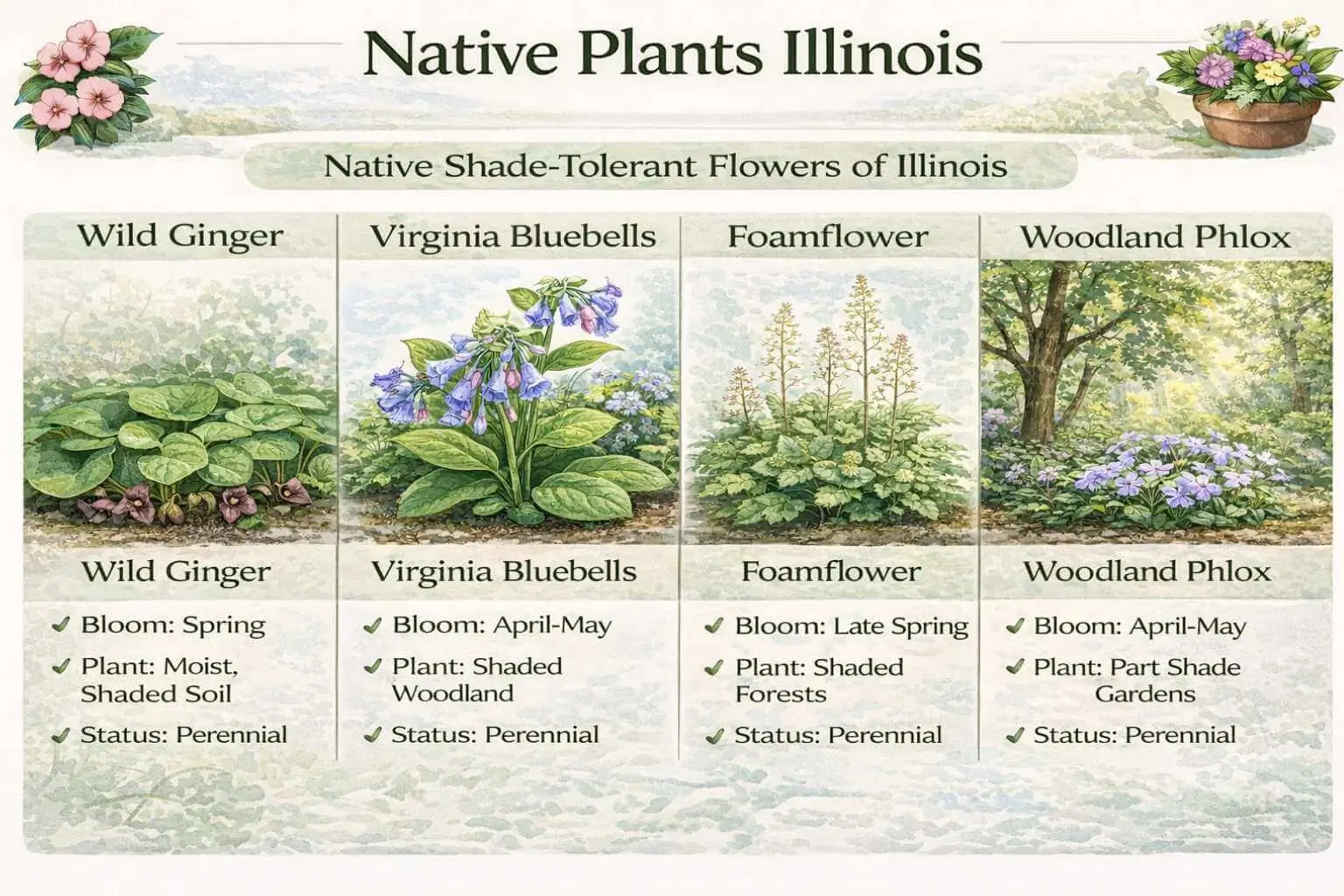Native Plants Illinois infographic showing shade-tolerant flowers: Wild Ginger, Virginia Bluebells, Foamflower, Woodland Phlox.