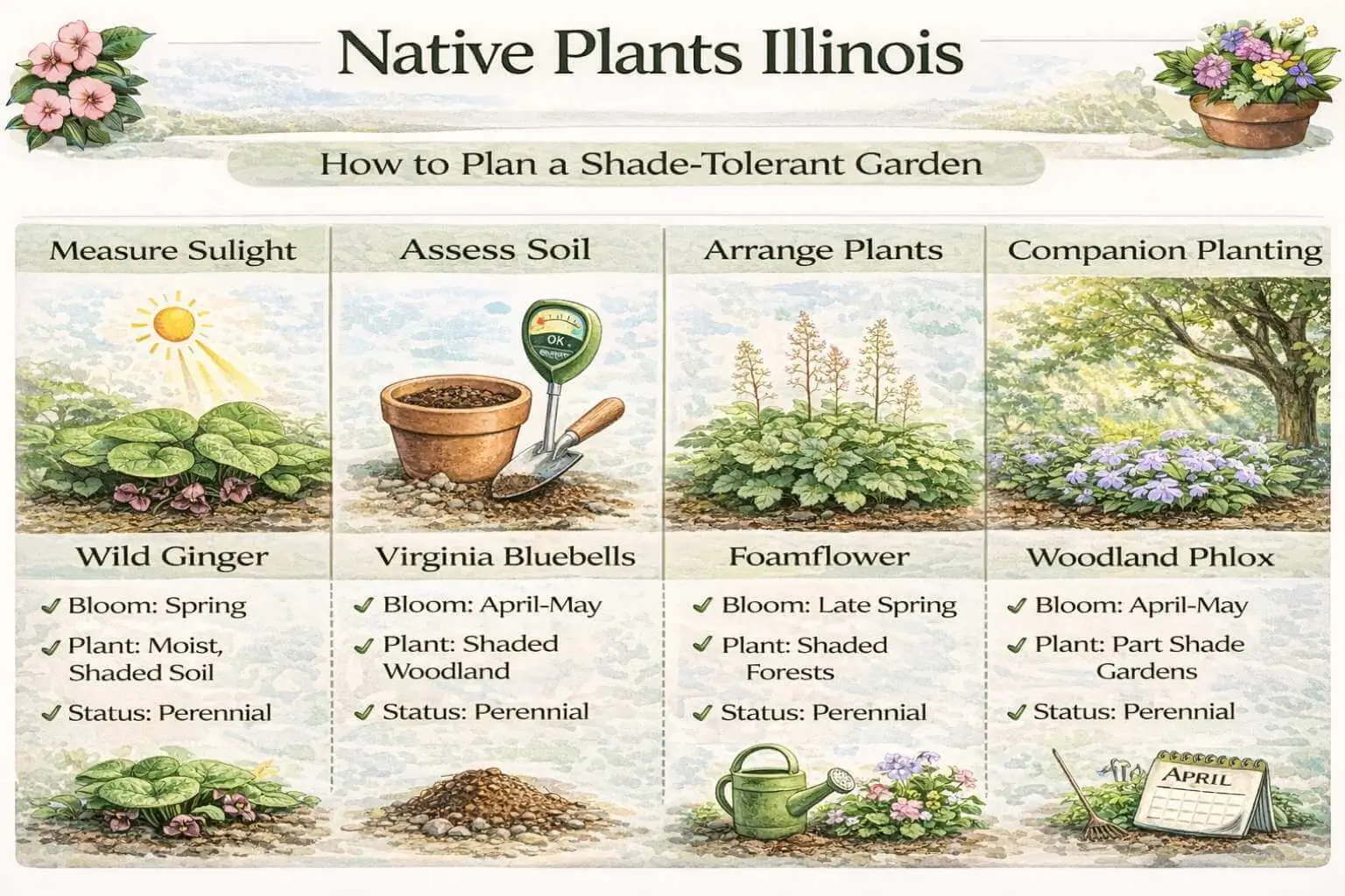 Native Plants Illinois infographic with planning and maintenance tips for shade-tolerant gardens.