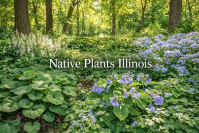 Native Plants Illinois in shaded garden with Wild Ginger, Virginia Bluebells, Foamflower, and Woodland Phlox.