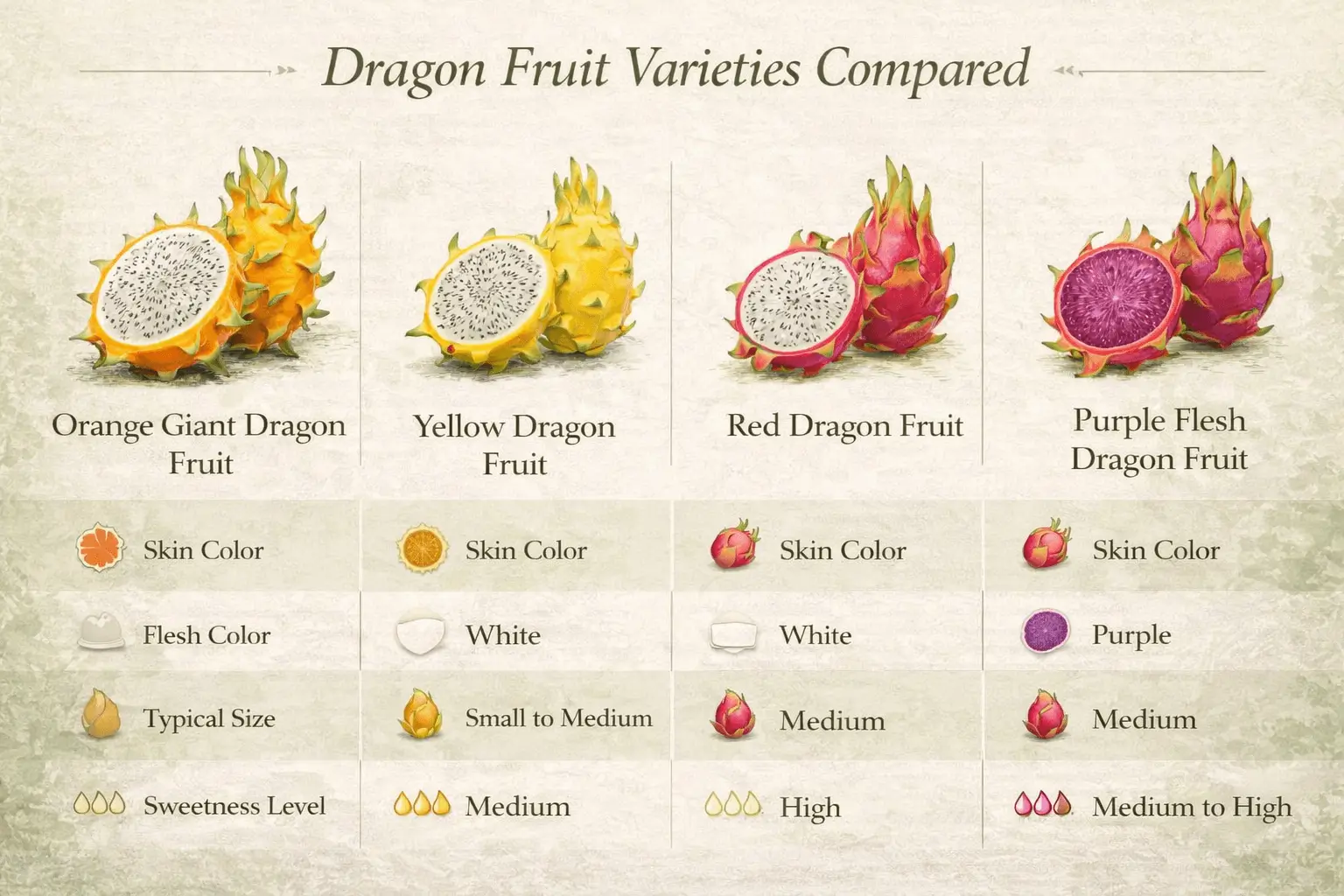 Infographic comparing orange giant dragon fruit with yellow, red, and purple dragon fruit varieties