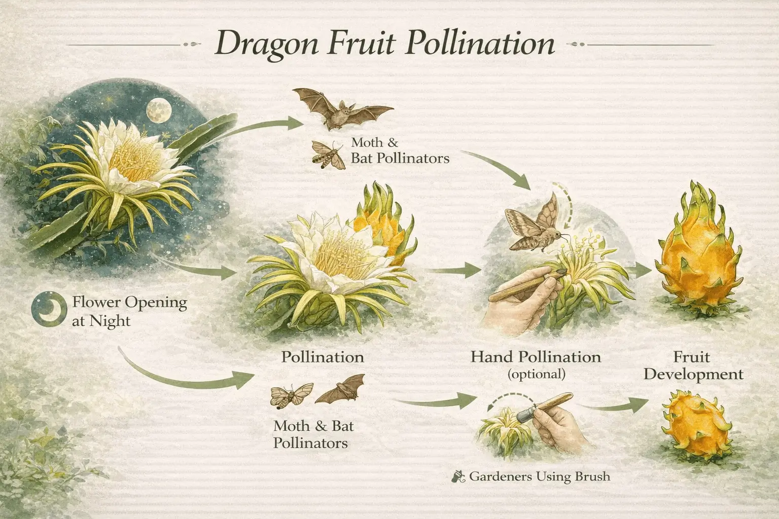 Infographic explaining pollination of orange giant dragon fruit flowers including moths bats and hand pollination