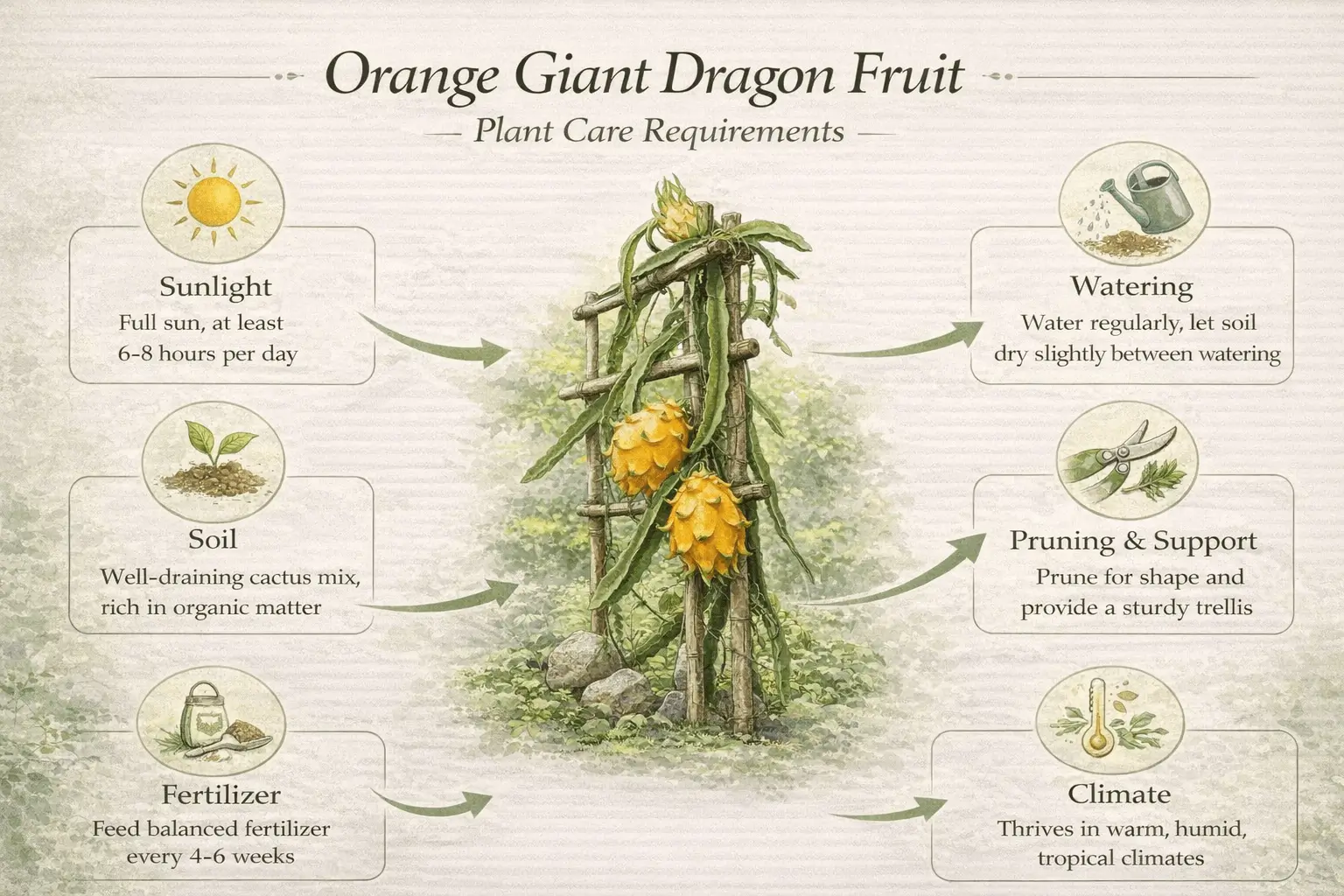 Infographic showing care requirements for growing orange giant dragon fruit plant