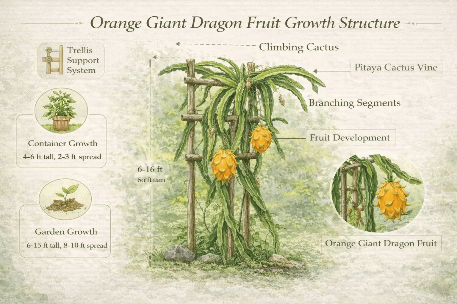 Infographic showing plant size and growth structure of orange giant dragon fruit cactus vine