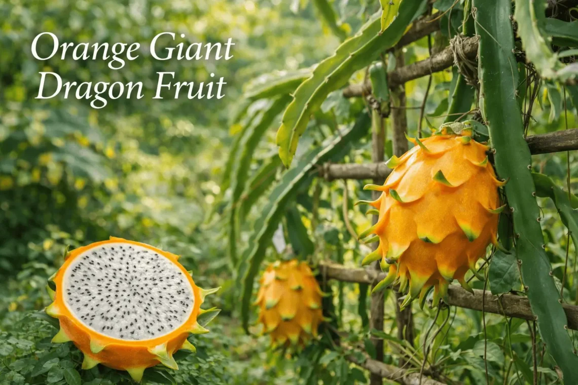 Orange giant dragon fruit growing on pitaya cactus vine with large tropical fruit