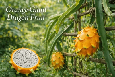 Orange giant dragon fruit growing on pitaya cactus vine with large tropical fruit