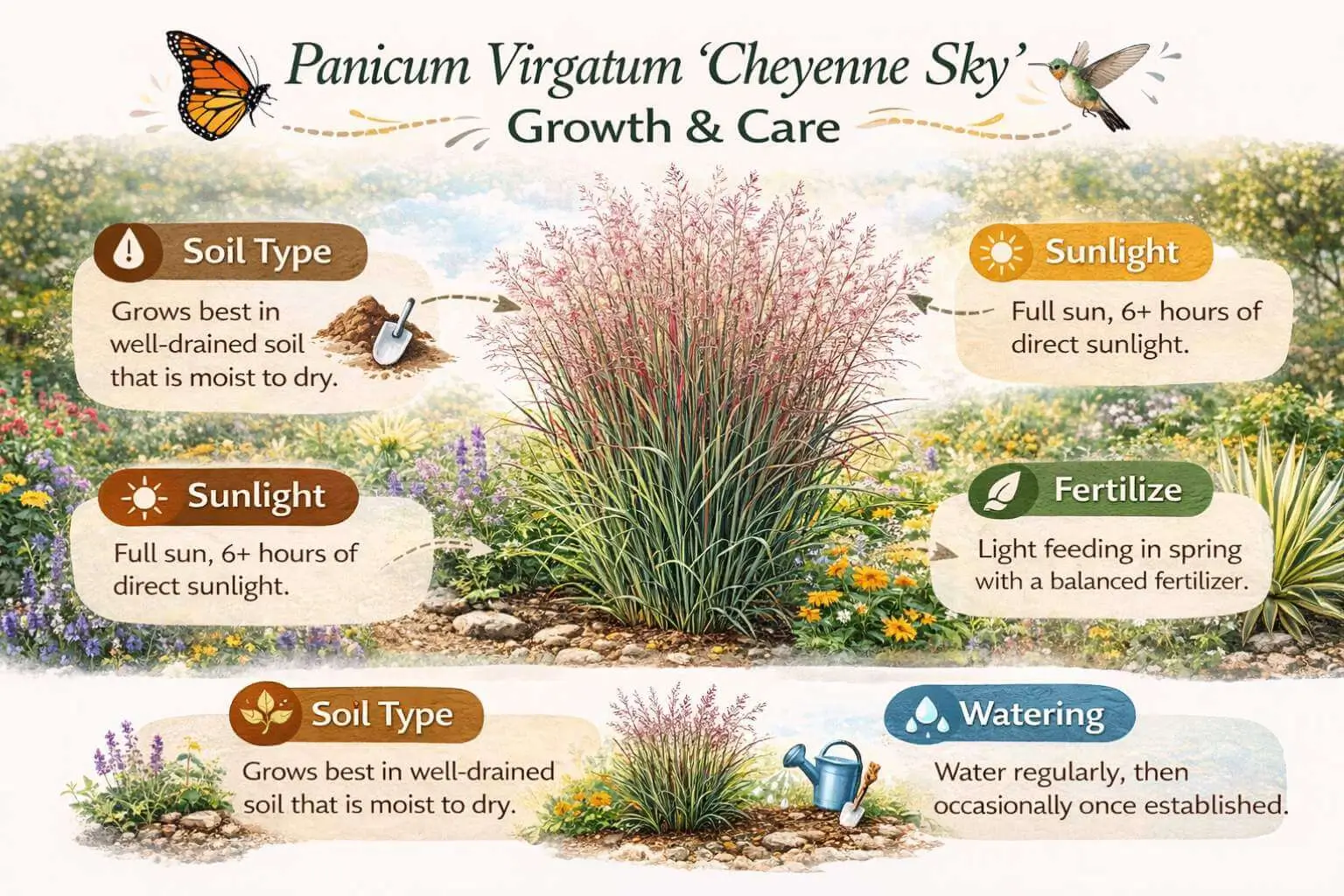 Growth and care guide for Panicum virgatum ‘Cheyenne Sky’ including soil, sunlight, water, and fertilization.