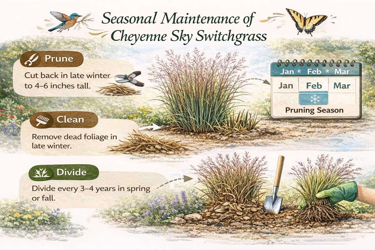 Seasonal maintenance schedule for Panicum virgatum ‘Cheyenne Sky’ with pruning and division tips.
