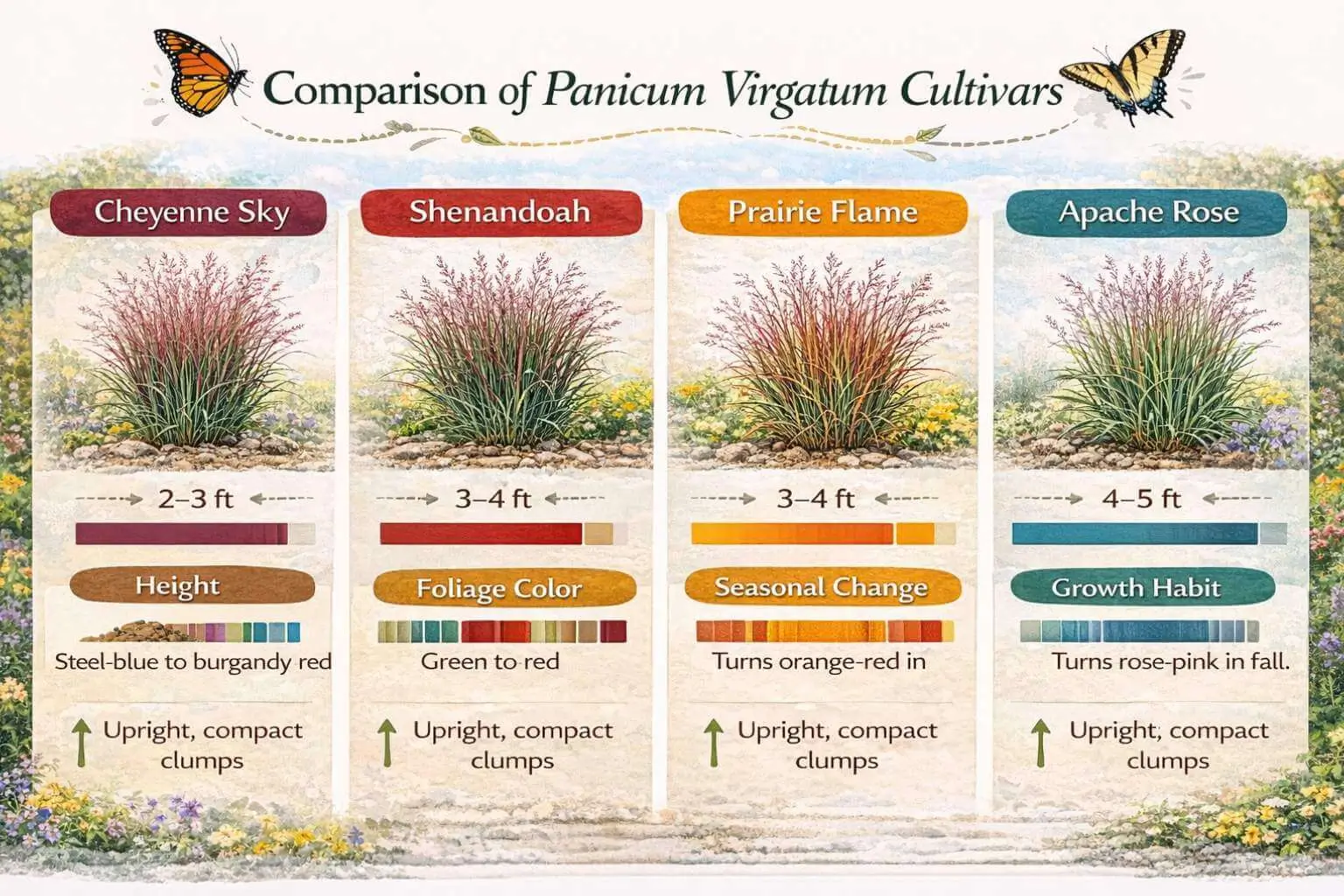 Comparison of Cheyenne Sky, Shenandoah, Prairie Flame, and Apache Rose switchgrass varieties with height and color differences.