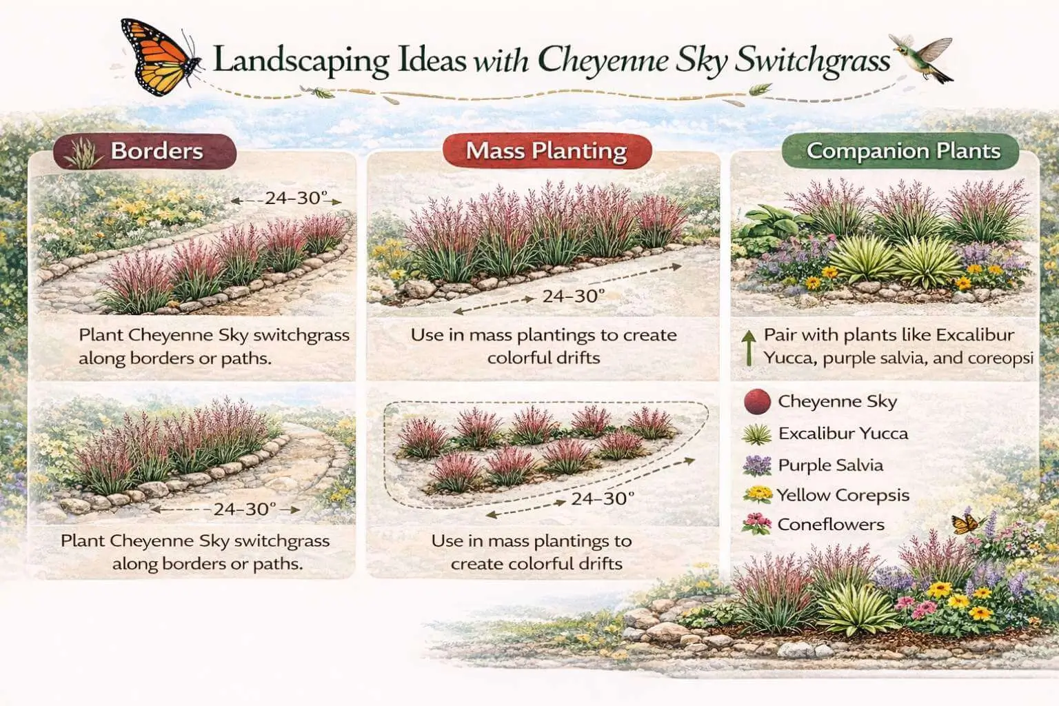 Landscaping and design ideas for Panicum virgatum ‘Cheyenne Sky’ showing spacing and companion planting.