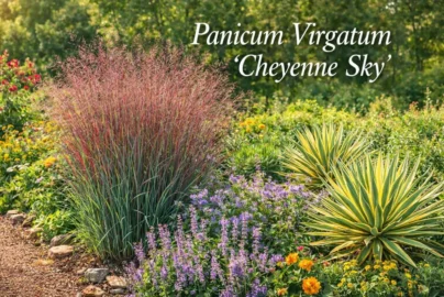 Panicum virgatum ‘Cheyenne Sky’ ornamental switchgrass in a garden with text overlay.