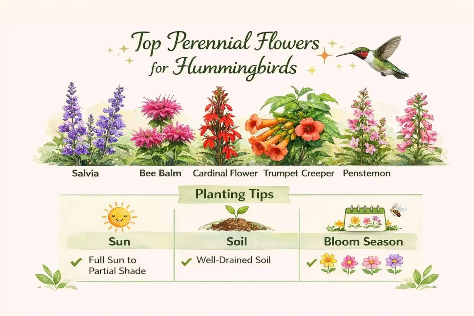 Best perennial flowers for hummingbirds with planting tips, sun requirements, and bloom season.