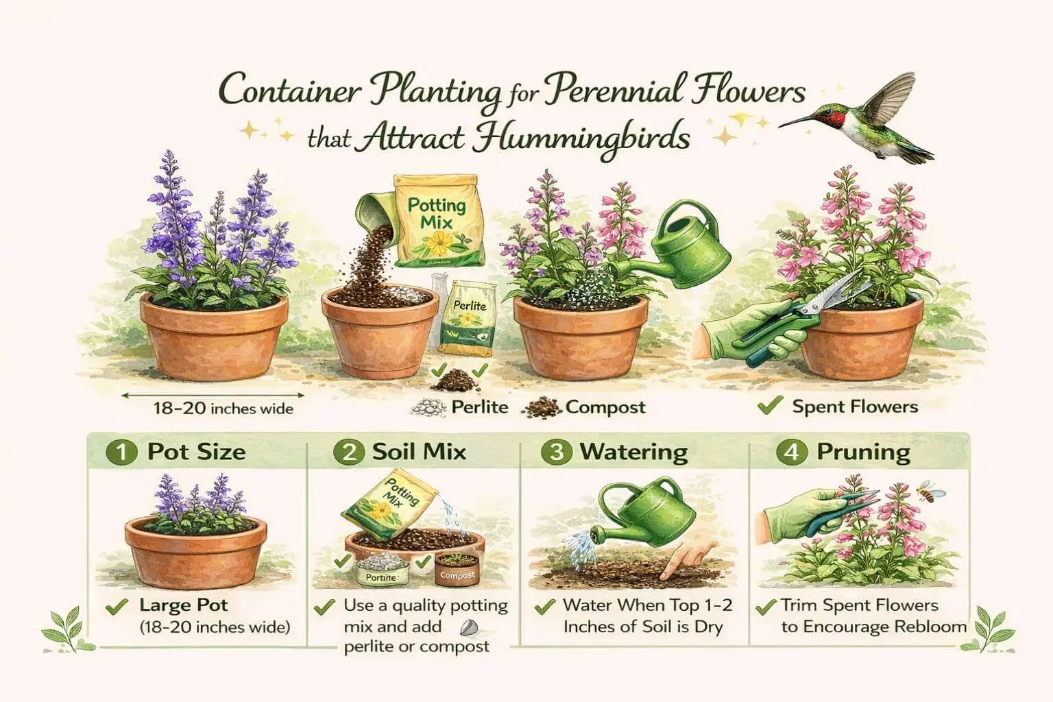 Container planting guide for perennial flowers for hummingbirds with soil, watering, and pruning tips.