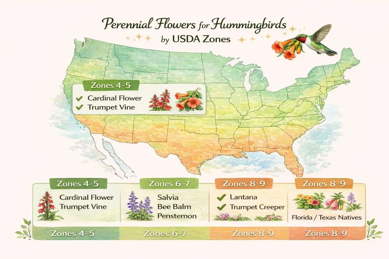 Zone-specific perennial flowers for hummingbirds showing recommended plants for zones 4–9 with icons and labels.