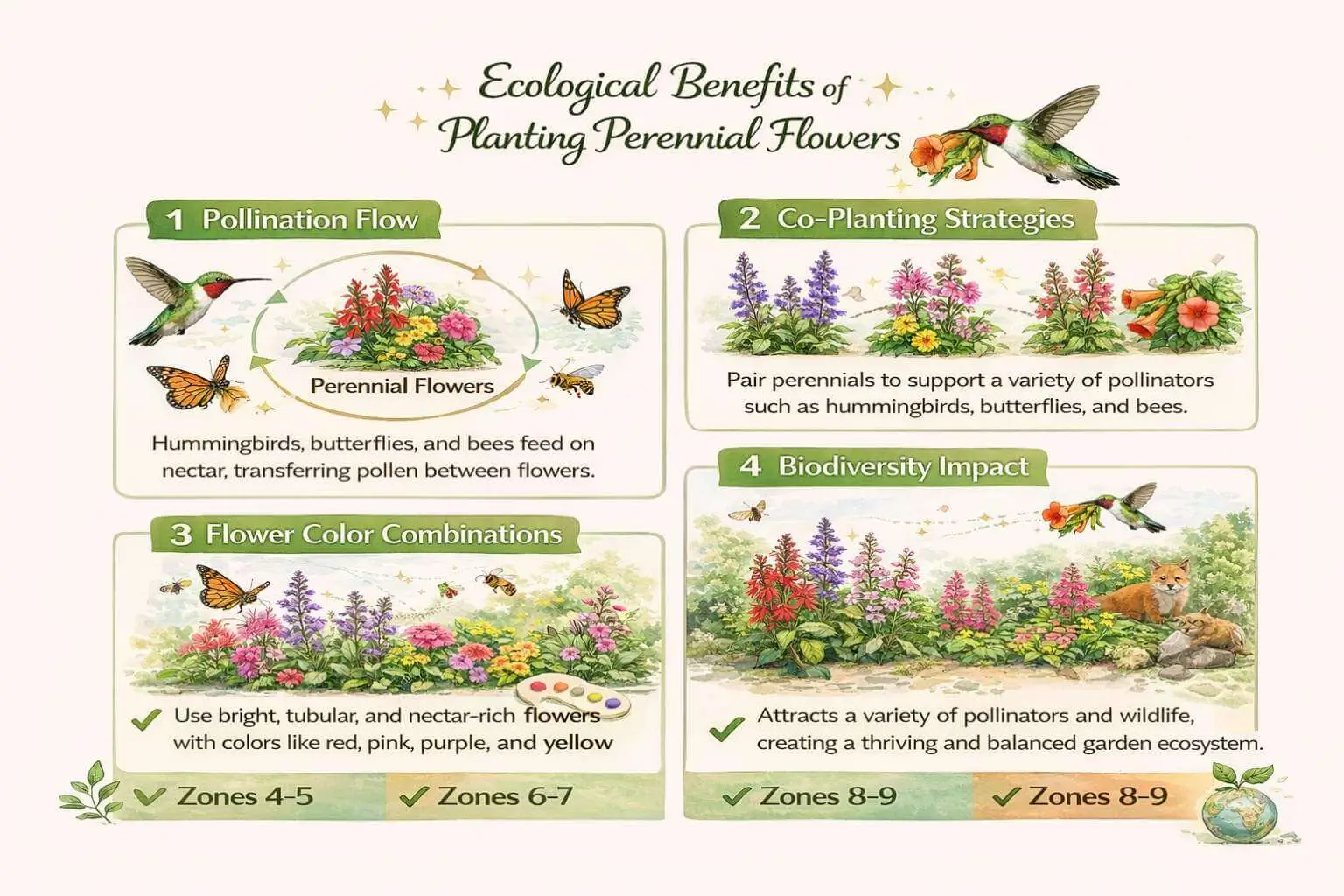 Perennial flowers for hummingbirds attracting multiple pollinators including butterflies and bees, showing ecological benefits.