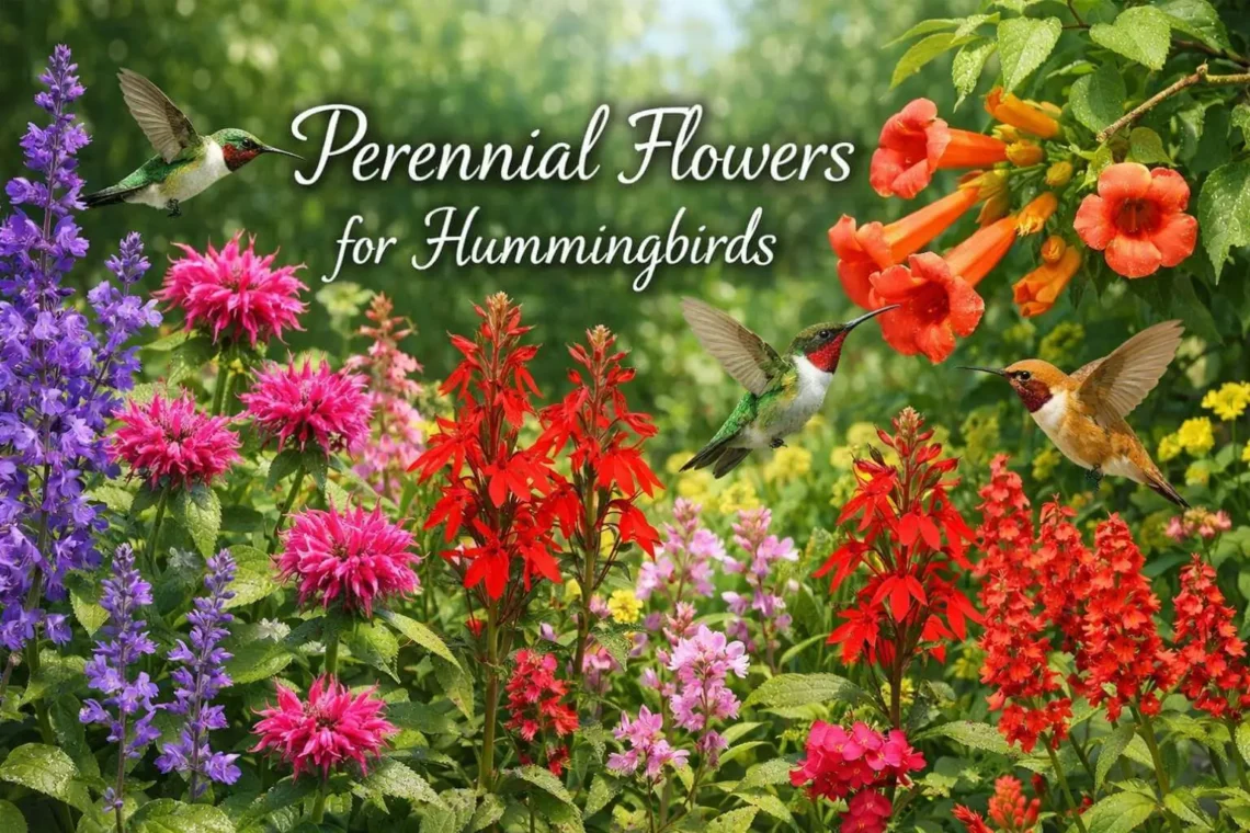 Perennial flowers for hummingbirds in a colorful garden with hummingbirds feeding on nectar-rich blooms.