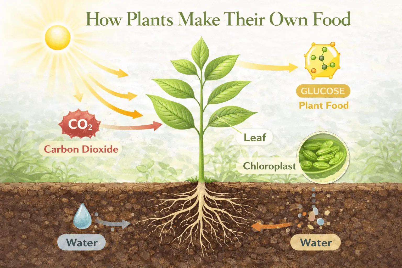 photosynthesis process showing how plants create food from sunlight water and carbon dioxide