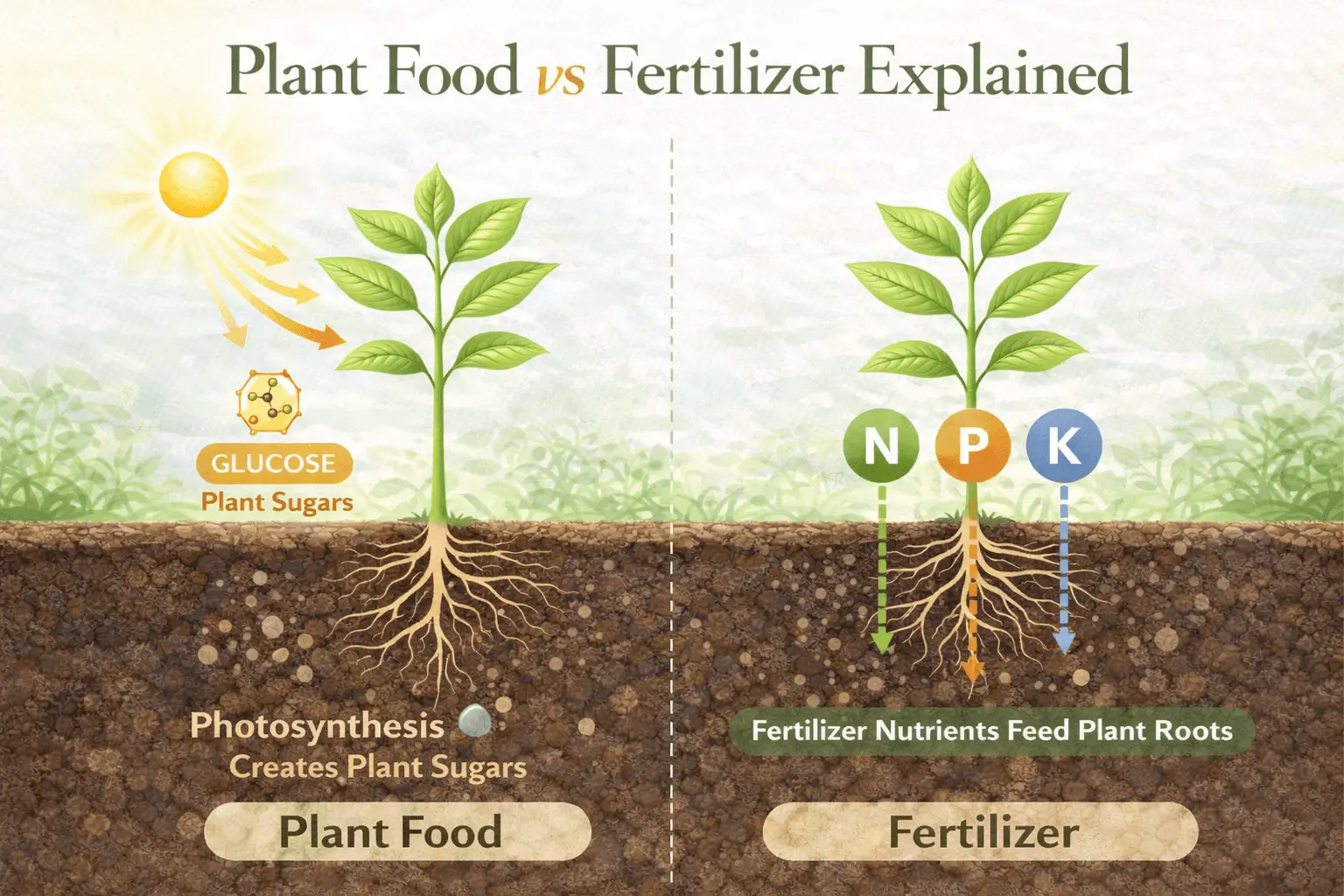 difference between plant food and fertilizer infographic