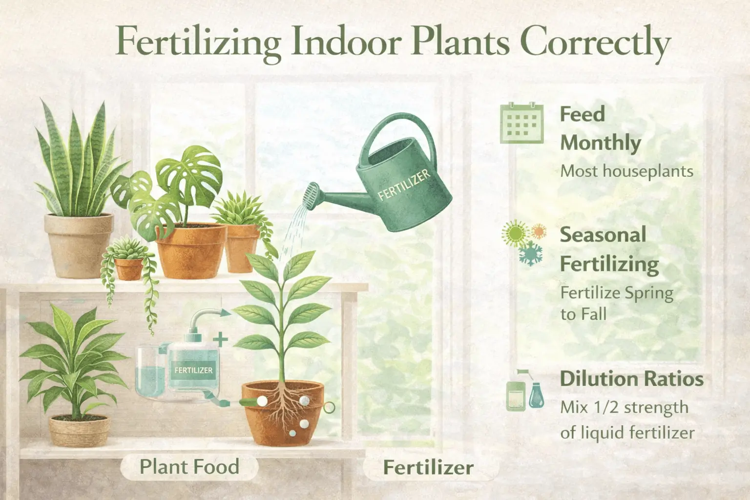 indoor plant fertilizing guide showing proper feeding schedule for houseplants