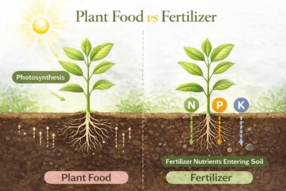 plant food vs fertilizer comparison showing photosynthesis and soil nutrients