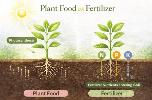 plant food vs fertilizer comparison showing photosynthesis and soil nutrients