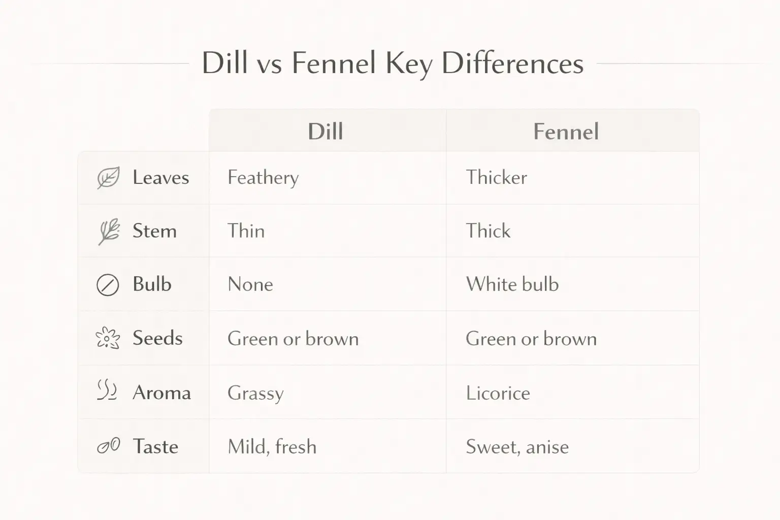 Dill vs fennel comparison chart showing differences in leaves, stems, bulb, seeds, aroma, and taste