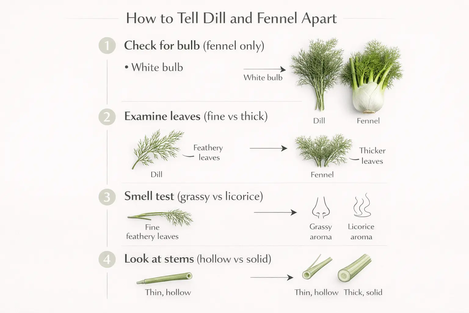 How to identify dill vs fennel step by step using bulb, leaves, smell, and stem differences
